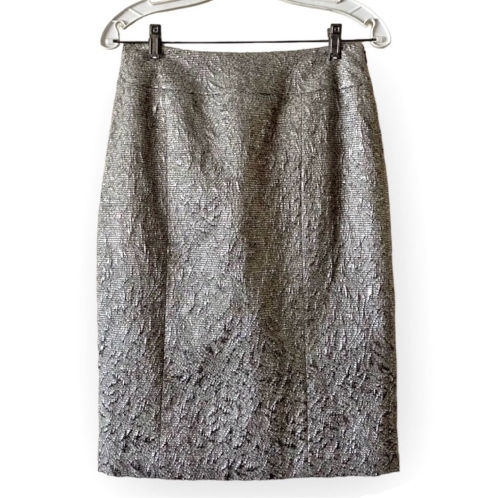 Lafayette 148 Silver Jacquard Brocade Wool Alpaca Blend Pencil Skirt Size 4 - Picture 1 of 11